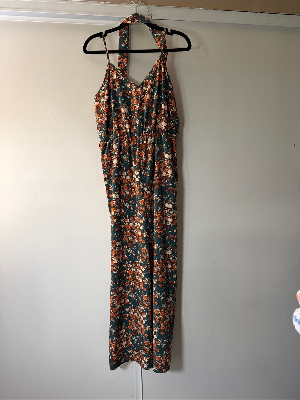 SHEIN Teal Green Floral Halter Wide Leg Jumpsuit